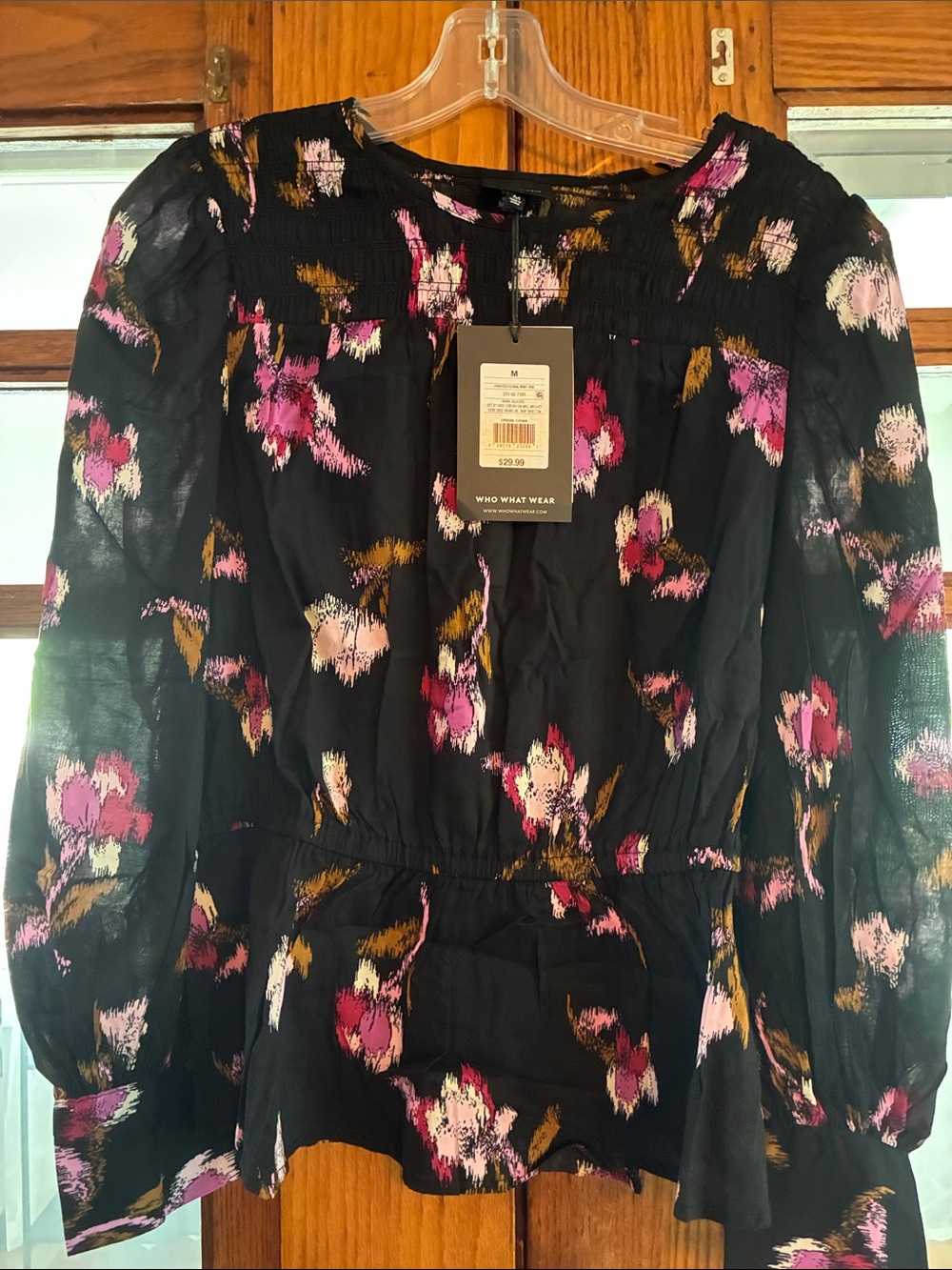 Who What Wear Black Floral Puff-Sleeve Smocked Blouse